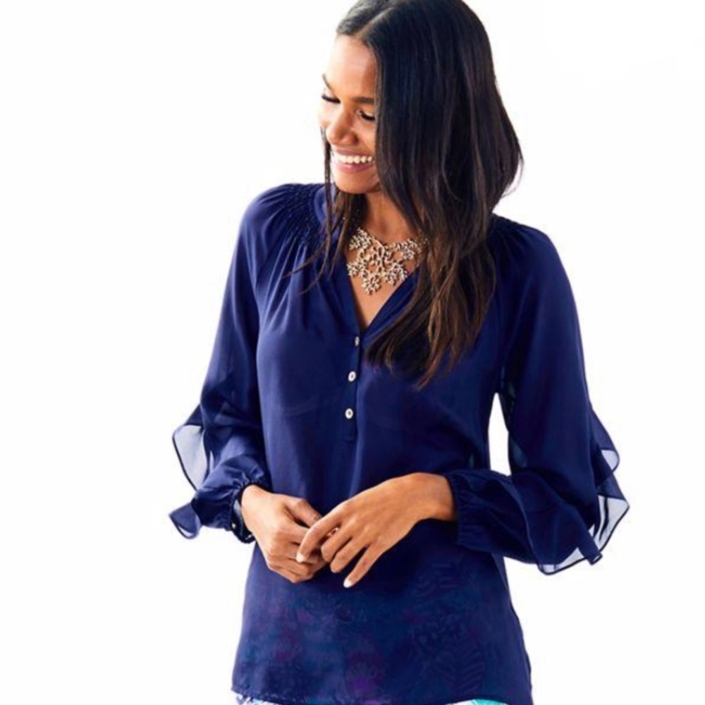Stunning & New! NWT Lilly Pulitzer Navy Blue Silk Ruffle Elsa Top Blouse sz XL
